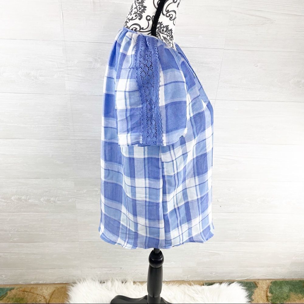 Como Vintage Blue Plaid Tie Collar Peasant Top - Picture 5 of 8